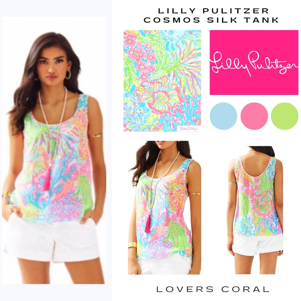 Lilly Pulitzer, Cosmos Silk Tank Top Blouse, Lover's Coral, Size L